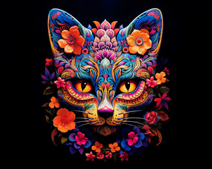 Cat with sugar skull painted face for Day of the Dead, Dia de los Muertos festive background, Generative AI - 651953620