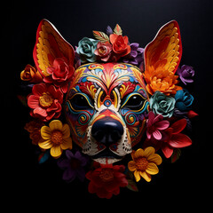 Sugar skull painted dog face in flowers. Day of the dead traditional ornament on Mexican dog head. Isolated on black background.  - 651953660