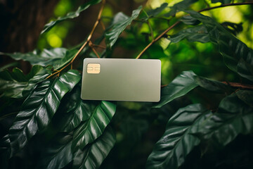 Green credit card on a background of green leaves. Green Friday, sustainable consumption, sustainability, ecology, zero waste and sale concept. Copy space for text