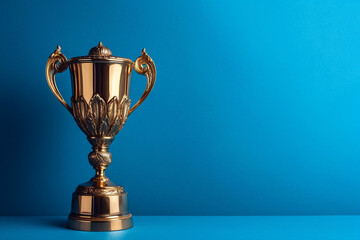 Gold winner cup on blue background. Golden champion cup, trophy for the winner, award, victory, first place of competition, winning and success concept. Copy space. Ai generated - obrazy, fototapety, plakaty