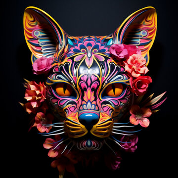 Sugar skull painted cat face in flowers. Day of the dead traditional ornament on animal head. Isolated on black background. 