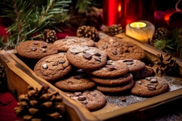 Obraz na płótnie Canvas Chocolate Chip cookies product photoshoot, christmas themed mockup, christmas decorations, background, backdrop
