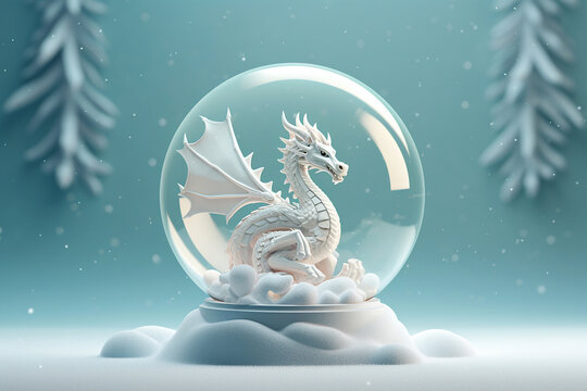 ?hinese dragon inside a glass snowball. Statuette of a dragon, 2024 New Year symbol. Chinese New Year, Christmas, winter holidays postcard. Green wooden dragon 2024