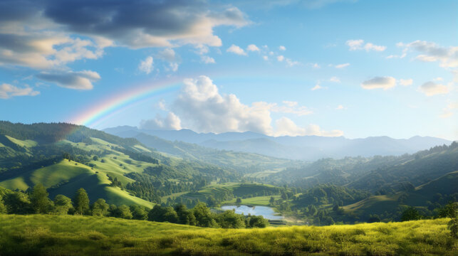 A bright rainbow, with a backdrop of rolling hills and trees 