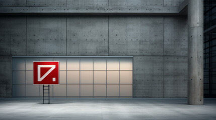 A bright red and white sign stands in the middle of a grey concrete building