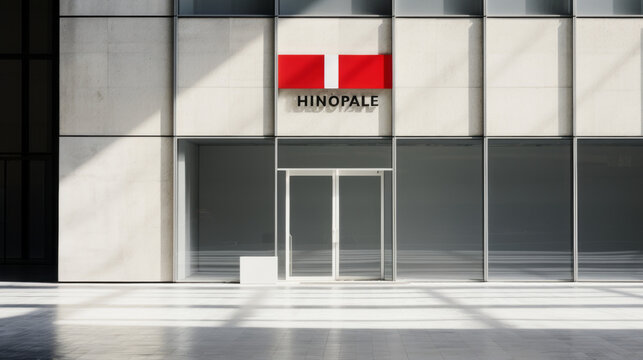 A bright red and white sign stands in the middle of a grey concrete building, with a glass window that is slightly tinted 