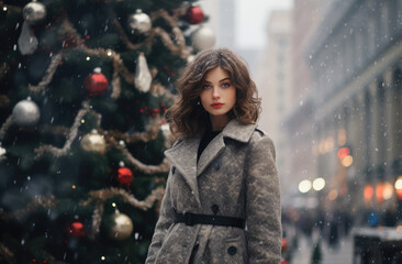 Woman next to the Christmas tree under a snowfall