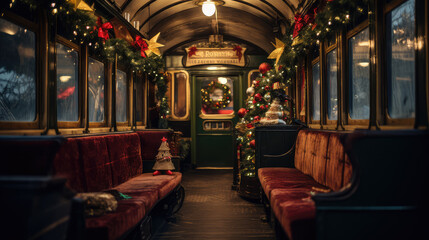 Fototapeta na wymiar Christmas concept view from inside an old train carrage with Christmas tree and decorations.