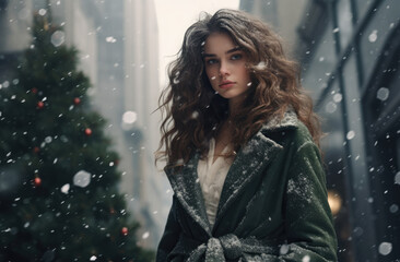 Obraz na płótnie Canvas Woman next to the Christmas tree under a snowfall