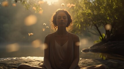 Young black woman meditating outdoors. Concept of inner peace, living a healthy lifestyle, and self care. - obrazy, fototapety, plakaty