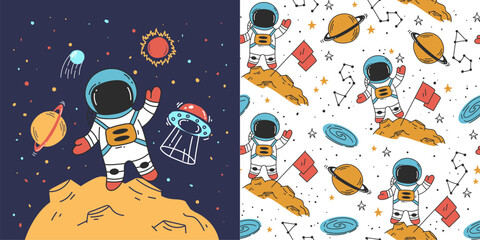 Space rocket star ship planet universe astronaut galaxy seamless pattern concept. Vector graphic design illustration
