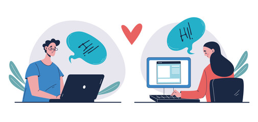 Online date woman man love app chat internet concept. Vector graphic design illustration