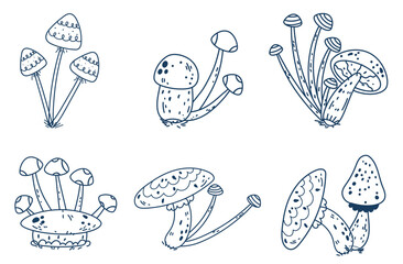 Mushroom witchy celestial magic outline moon forest boho mystical isolated set. Vector graphic design illustration