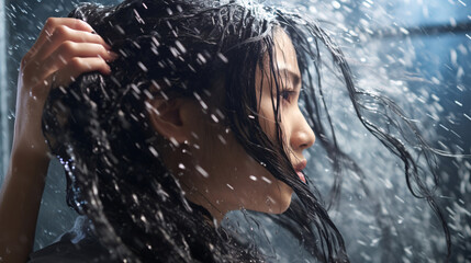 Young Asian woman showering and washing her beautiful black hair