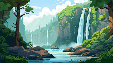 Illustration of a waterfall located in a tropical forest. Water flows from the hills directly into the river.