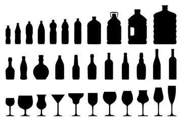 Set of plastic bottle, bottles of wine and different wine glass icons isolated on white background. Bottles of various sizes. Contours of bottles for water, alcohol and cocktails – stock vector
