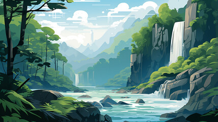 Illustration of a waterfall located in a tropical forest. Water flows from the hills directly into the river.