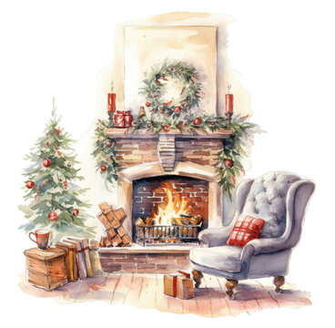 Watercolor illustration of a Christmas fireplace. Generative AI, png image.