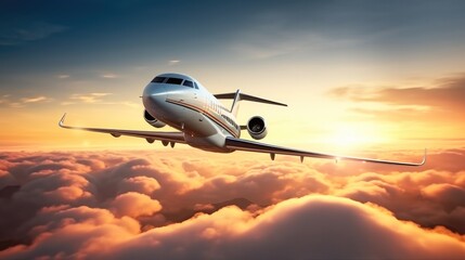 Fototapeta na wymiar Private jet flying on blue sky with white clouds at background, Business Travel Concept.