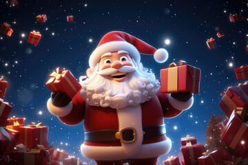 3d cartoon of Santa Claus with many giftboxes, surrounded by many gifts, on a light blue background with highlights, for copy, christmas badge.