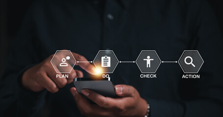 management, milestone, plan, corporate, manager, project, schedule, progress, dashboard, information. touching smartphone for check milestone and plan management to view schedule progress information.