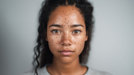 A close-up portrait of a self-assured young woman with distinctive skin freckles against a white background.