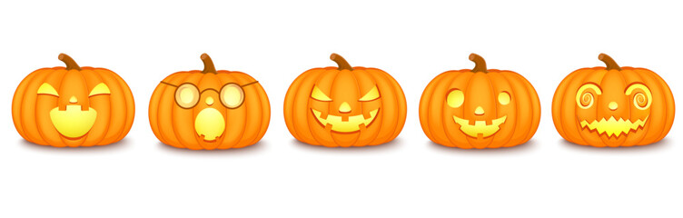 Halloween glowing pumpkins with funny and strange emotions. Holiday lantern elements with creepy expressions.