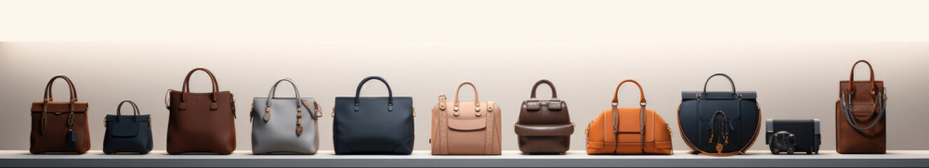 Women's handbags, Multiple bag products on grey studio background.
