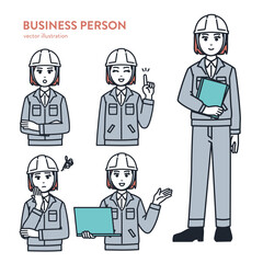 建設業種の中堅女性会社員／作業員 さまざまなポーズセットベクターイラスト素材