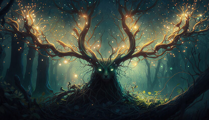 Powerful spirit of nature with glowing antlers, in the magical forest landscape. Mystical creature, guardian of the woods.