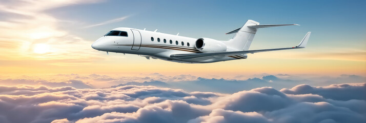 Aerial view of charter private jet flying above white clouds in a clear sunny day.