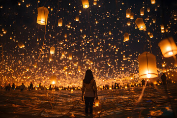 traditional lantern festival. magical scene of numerous illuminated lanterns floating in the night sky