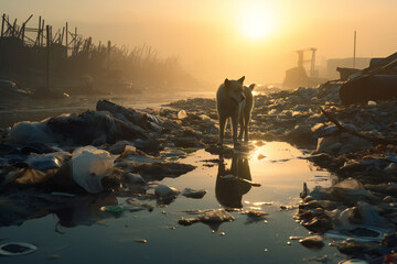 Stray Dog searching for food through garbage - obrazy, fototapety, plakaty