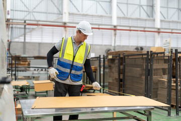 Male engineer using tape measure measuring length of carton sheets comes out of paper cutter machine for checking and inspecting quality cardboard boxed product in factory.