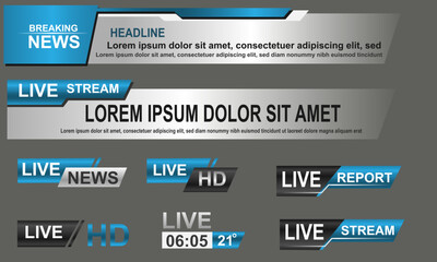 Broadcast News Lower Thirds Template layout blue grey set collection design banner for bar Headline news title, sport game in Television, Video and Media Channel vector
