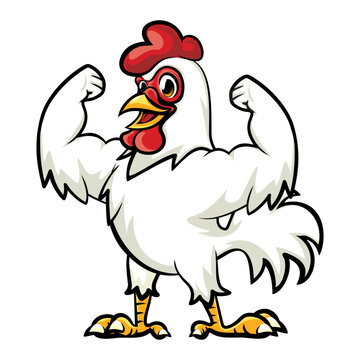 the mighty white rooster mascot while showing his mighty arms