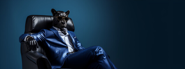 Panther im Anzug sitzt in einem blauen Stuhl - obrazy, fototapety, plakaty