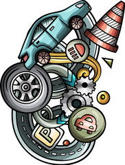 Automotive detailed cartoon illustration