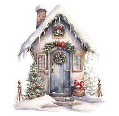 Watercolor illustration of Christmas door with decor, Generative AI png image.