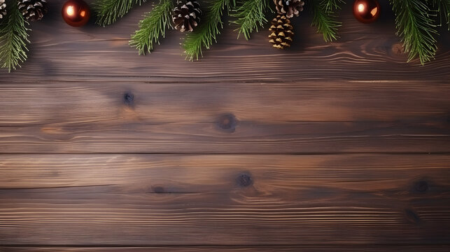 Une banni&egrave;re avec le fond de planches de bois. Au dessus, de la d&eacute;coration de no&euml;l avec des banches de sapin et des pommes de pin. 