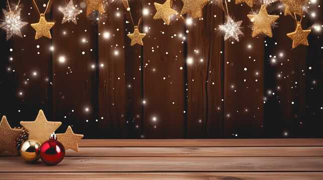 Le concept de no&euml;l avec des plusieurs d&eacute;corations. En haut, des &eacute;toiles. Sur la gauche, des boules de no&euml;l. En arri&egrave;re-plan, un fond en planche de bois.