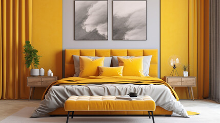 노란색의 모던한 침실, 프랑스 컨트리풍 인테리어 디자인