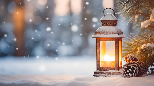 Un bougie allumée dans une lanterne avec de la neige qui tombe.