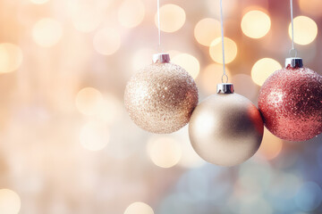 Close up view of Christmas ball decorated on night street light, hang on Christmas tree, xmas ornaments and lights, Christmas holidays background. Copy space.