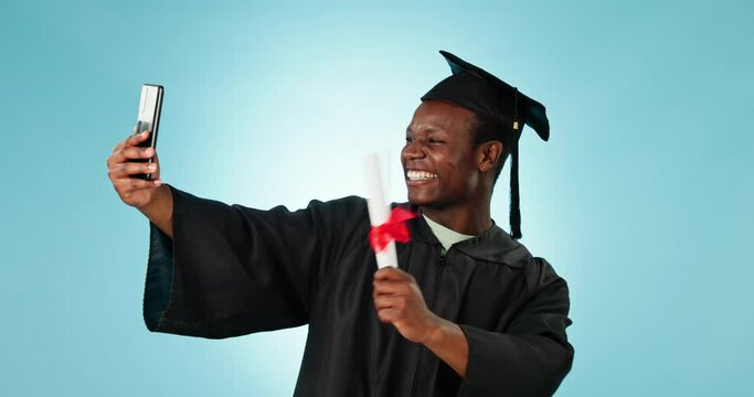 Graduation selfie, education diploma or black man with university graduate success, college and post memory photo. Learning, studio photography or student happy in profile picture on blue background