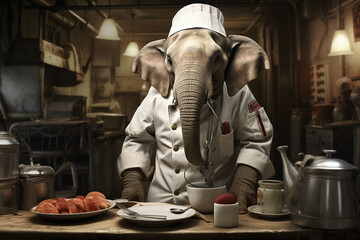 cute elephant animal chef uniform - obrazy, fototapety, plakaty