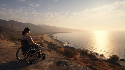 Spirit of strength and overcoming woman in a wheelchair with a disability at the top of a mountain cliff