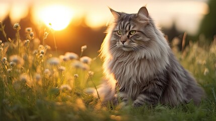 Naklejka na ściany i meble Beautiful Maine Coon cat in a meadow at golden hour 
