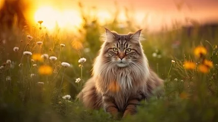 Tuinposter Beautiful Maine Coon cat in a meadow at golden hour  © Georgina Burrows