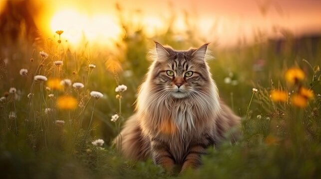 Beautiful Maine Coon cat in a meadow at golden hour